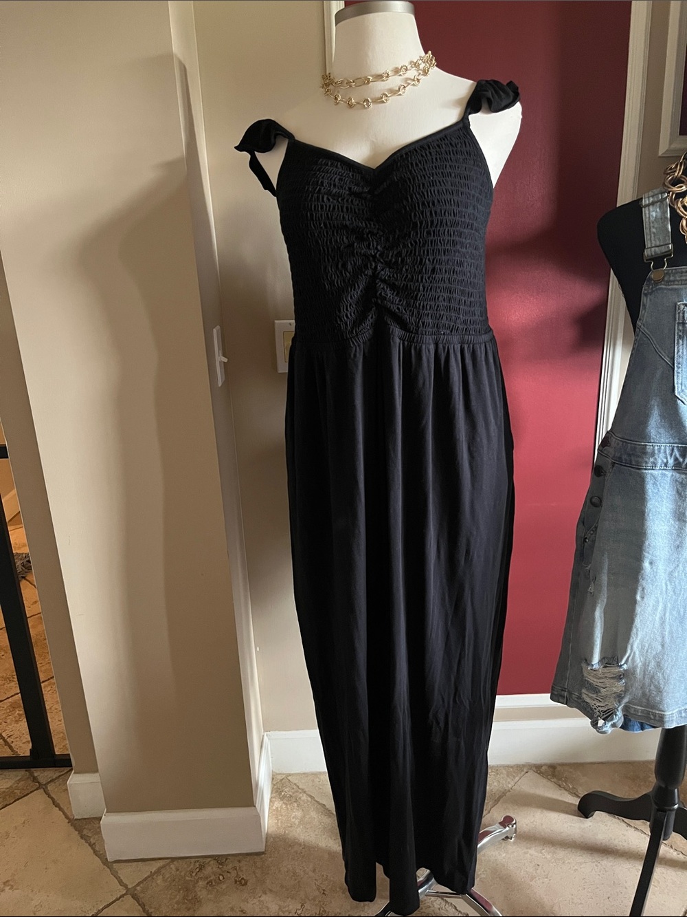 Black Smocked Tie-Shoulder jump suit  - Women